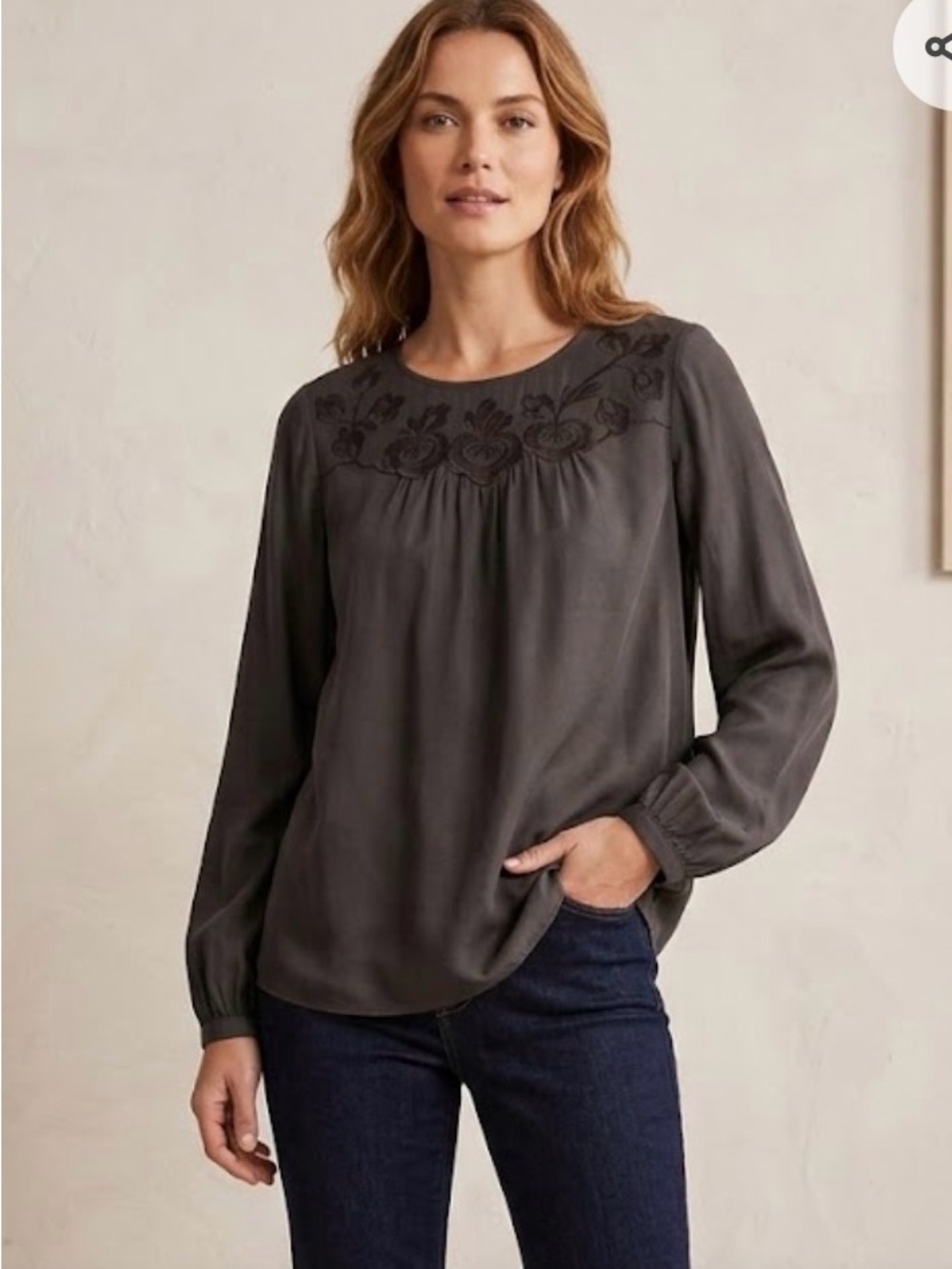 Boden Embroidered Long Sleeve Silk Blend Flowy Blouse Size 6